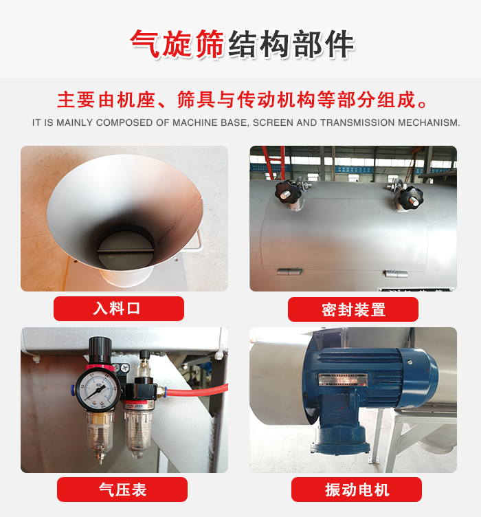 氣旋篩結(jié)構(gòu)：入料口，密封裝置，電機，氣壓表等